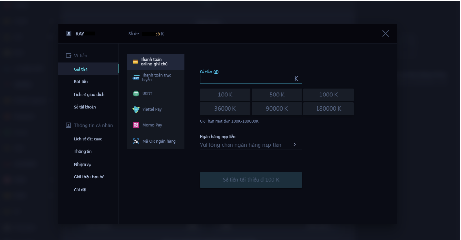 Giao diện gửi tiền Raybet
