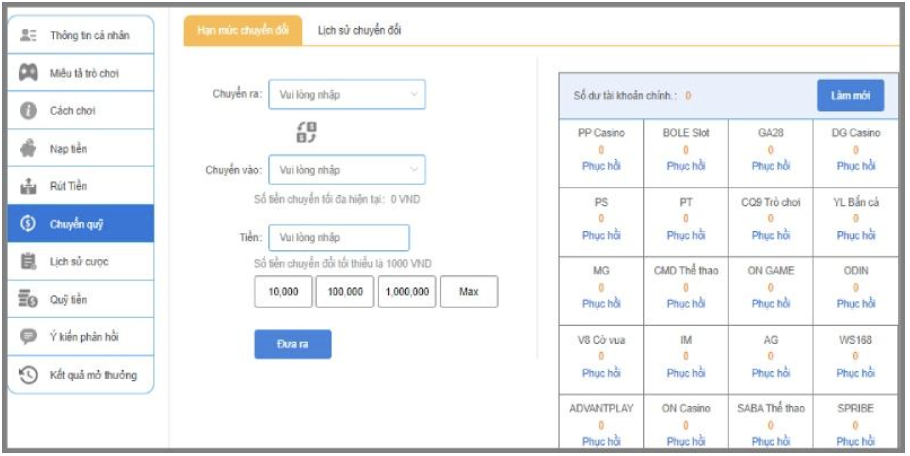 Trang chuyển quỹ rút tiền Sodo66